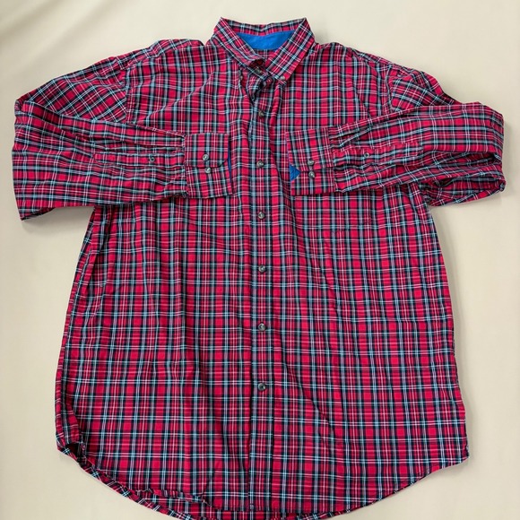 IZOD Mens Red Tartan Plaid Long Sleeve Button Down Shirt Large Holiday Christmas - Picture 2 of 6
